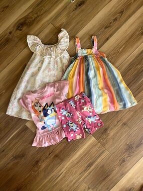 Toddler Girls 4T Summer Bundle Boho Floral Dresses + Bluey Outfit Set